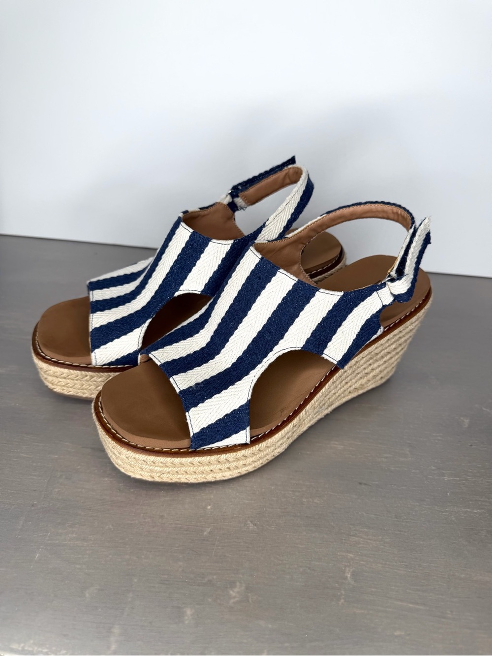 Corkys Navy and White Striped Espadrille Wedge Sandals